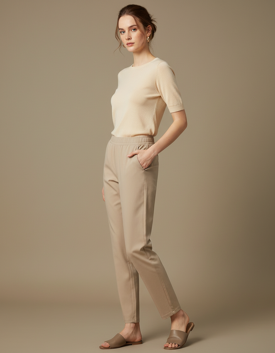 Pantalon Chino Beige Droit Taille Haute Décontracté Femme - Coton