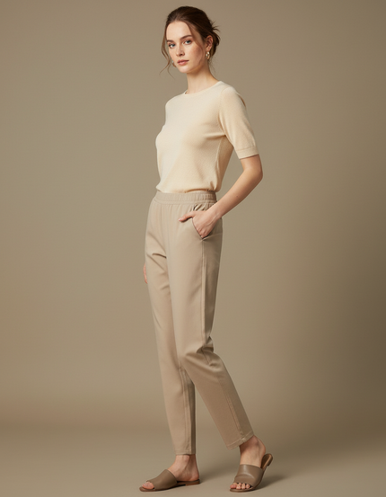 Pantalon Chino Beige Droit Taille Haute Décontracté Femme - Coton