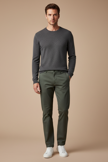 Pantalon Chino Vert Olive Coton Slim Décontracté Homme - Kaki