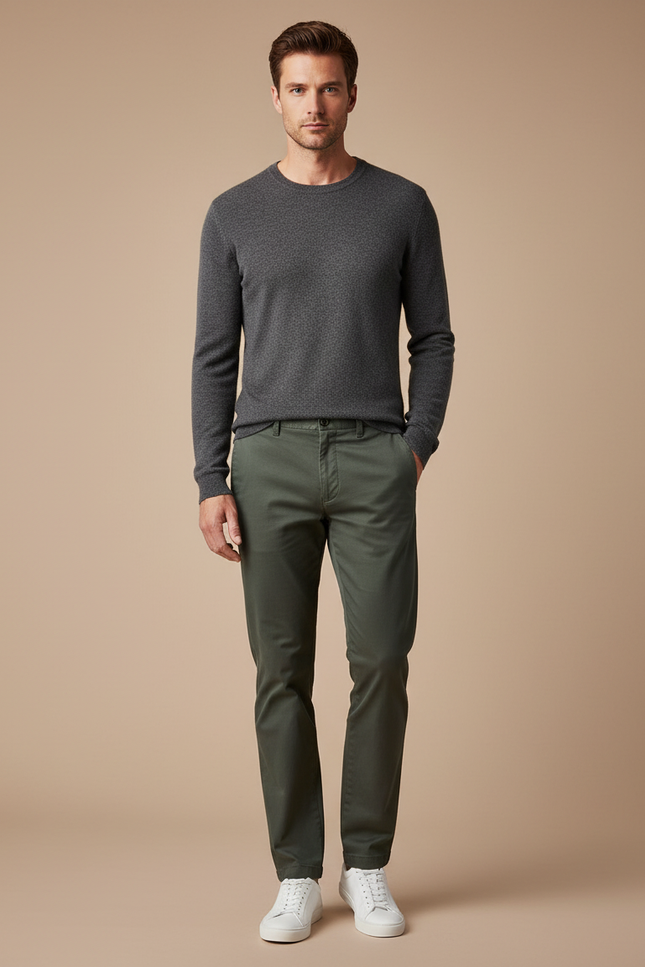 Pantalon Chino Vert Olive Coton Slim Décontracté Homme - Kaki