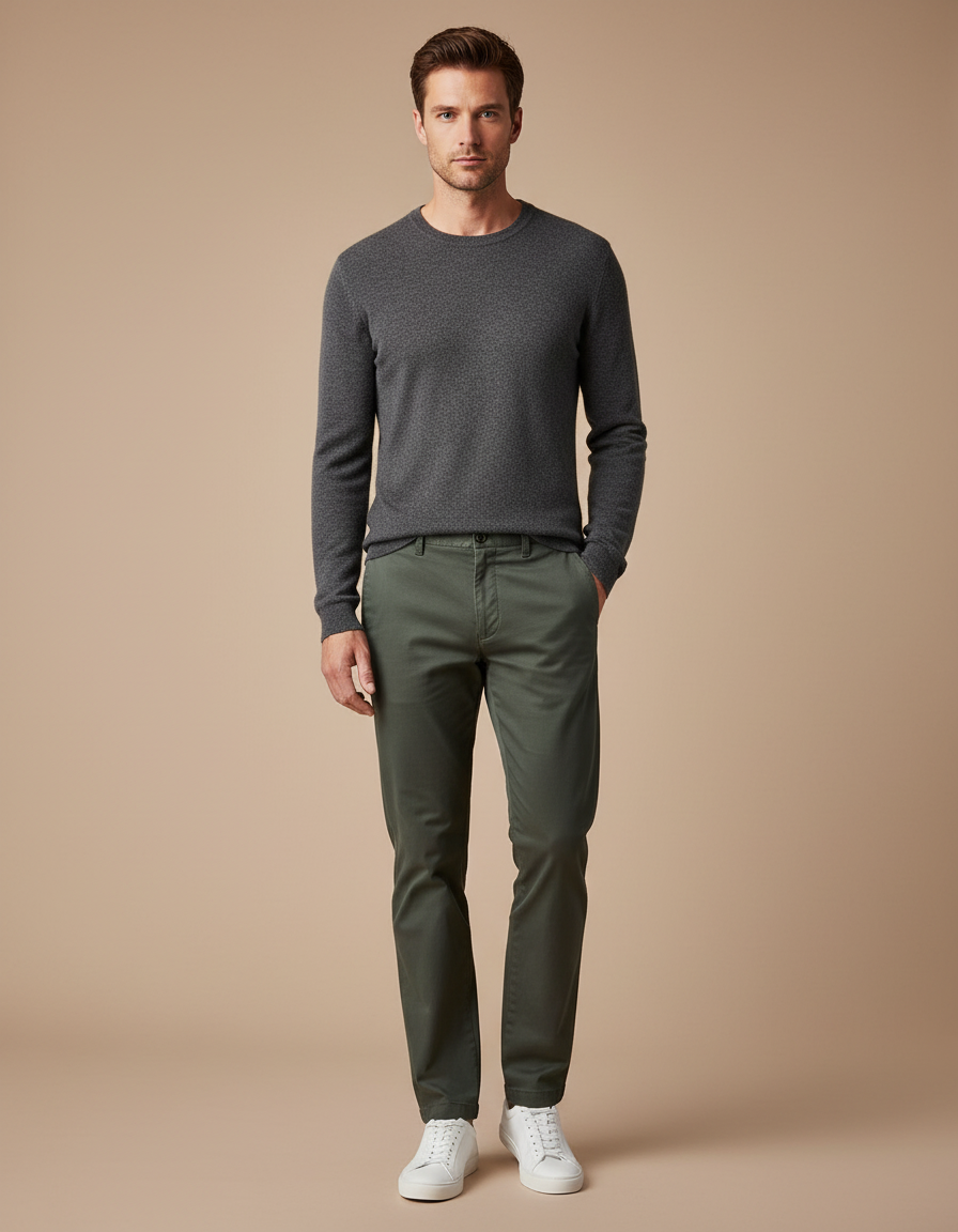 Pantalon Chino Vert Olive Coton Slim Décontracté Homme - Kaki