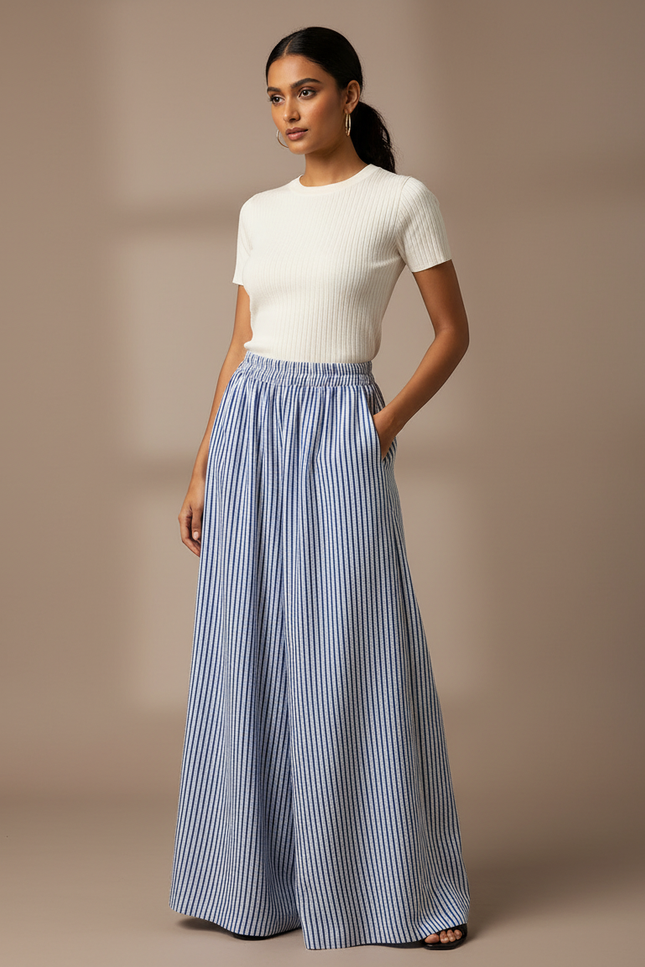 Pantalon Chino Rayé Ample Fluide Décontracté Femme - Multicolore Lin