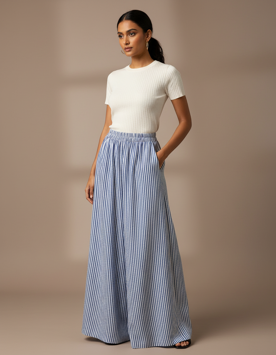 Pantalon Chino Rayé Ample Fluide Décontracté Femme - Multicolore Lin