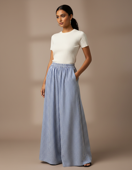 Pantalon Chino Rayé Ample Fluide Décontracté Femme - Multicolore Lin