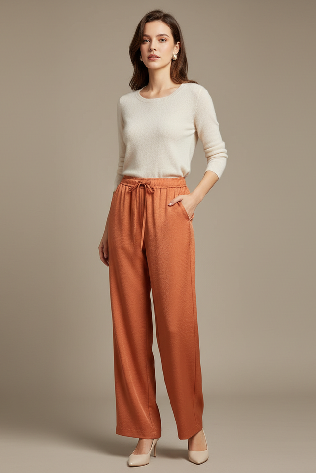 Pantalon Chino Orange Ample Fluide Taille Haute Élégant - Viscose