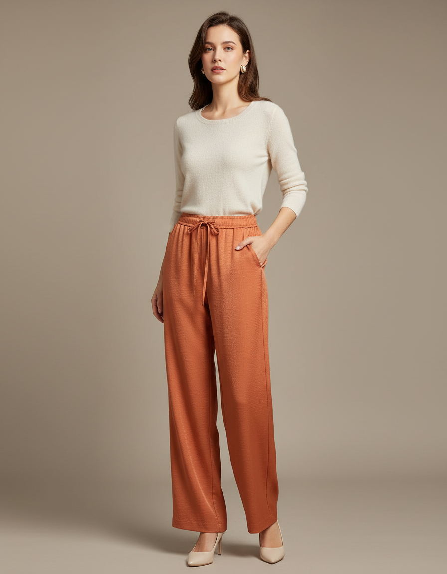 Pantalon Chino Orange Ample Fluide Taille Haute Élégant - Viscose