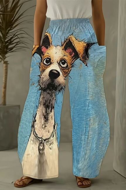 Pantalon Chino Ample Imprimé Chien Décontracté Bleu - Viscose
