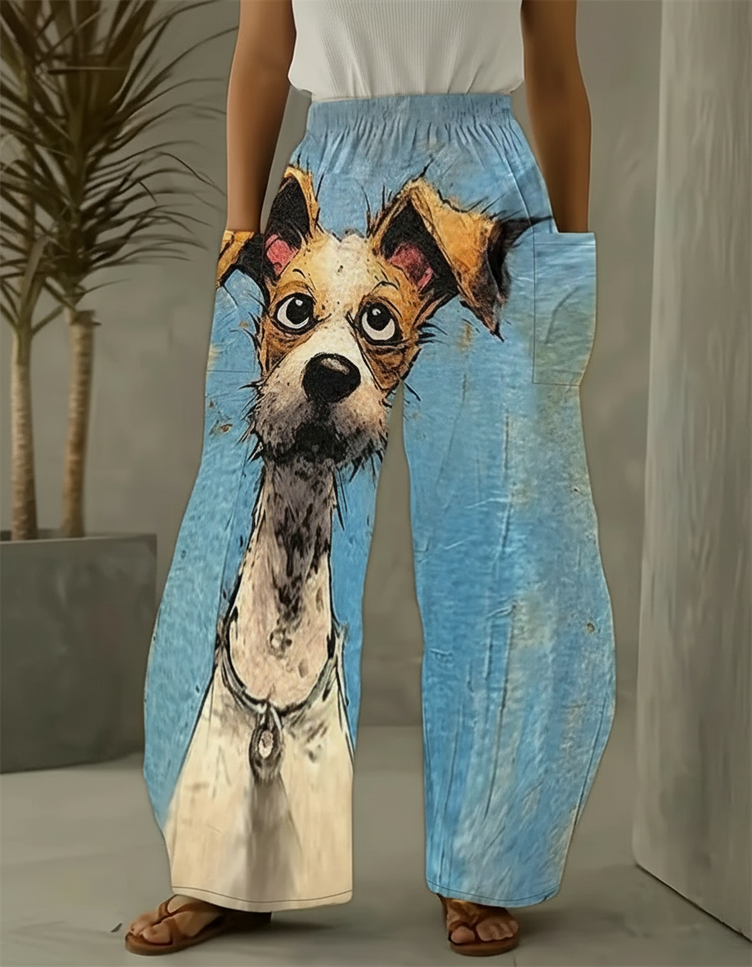 Pantalon Chino Ample Imprimé Chien Décontracté Bleu - Viscose