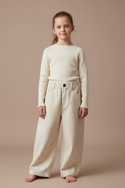Pantalon Chino Côtelé Crème Ample Décontracté Enfant - Beige Cordé