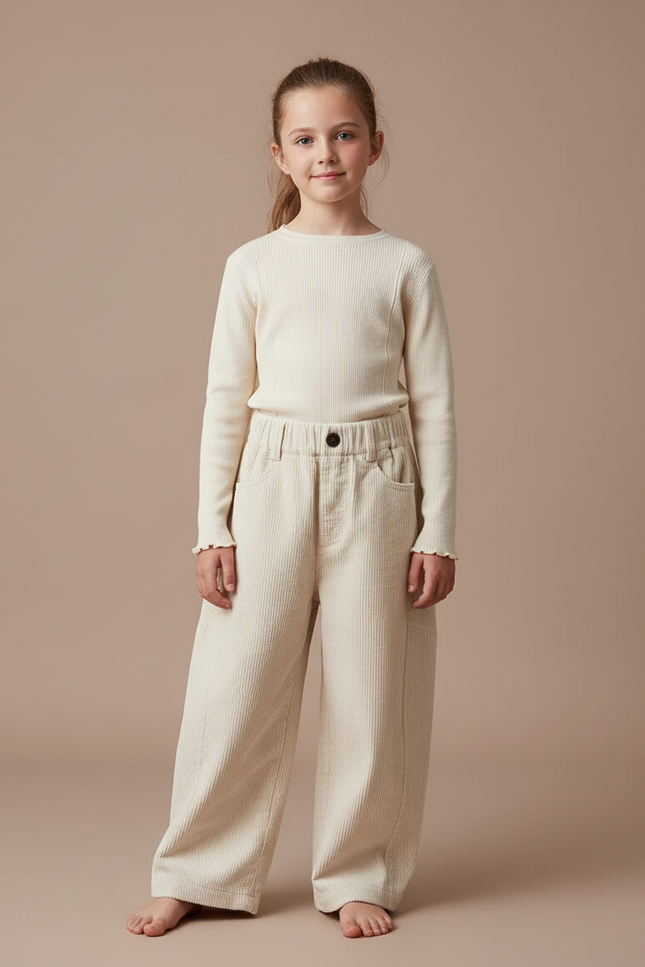 Pantalon Chino Côtelé Crème Ample Décontracté Enfant - Beige Cordé