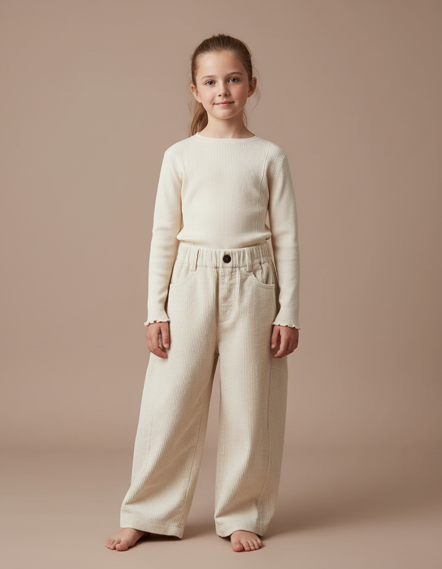 Pantalon Chino Côtelé Crème Ample Décontracté Enfant - Beige Cordé