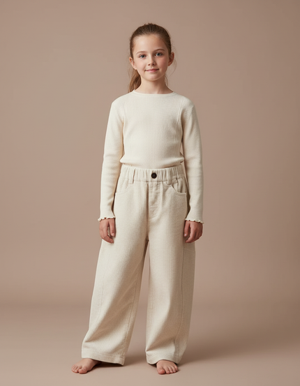 Pantalon Chino Côtelé Crème Ample Décontracté Enfant - Beige Cordé