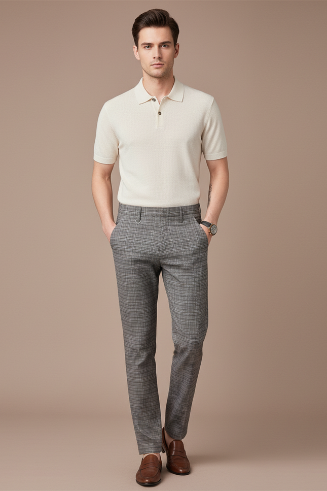 Pantalon Chino Carreaux Gris Slim Élégant Formel - Laine