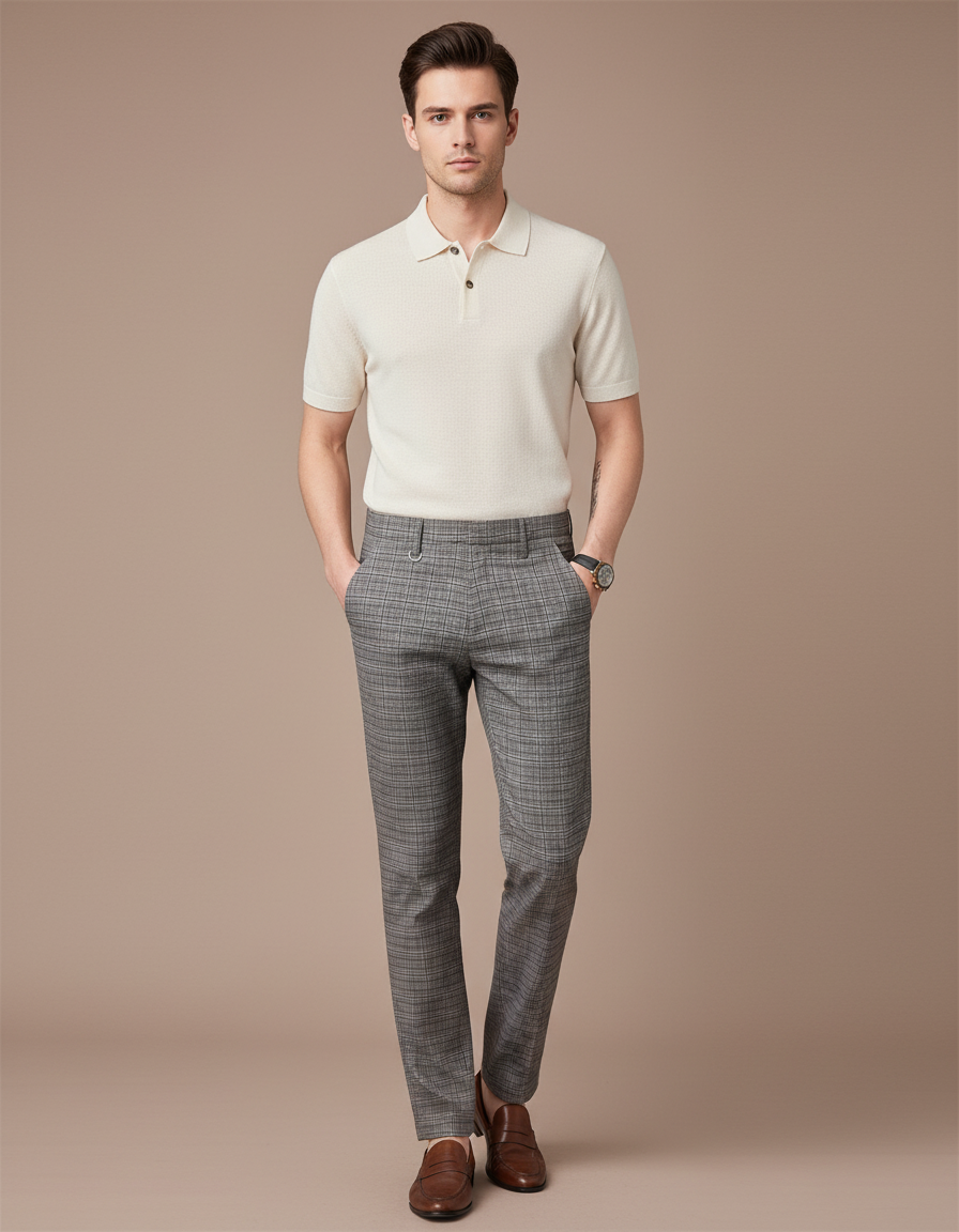 Pantalon Chino Carreaux Gris Slim Élégant Formel - Laine