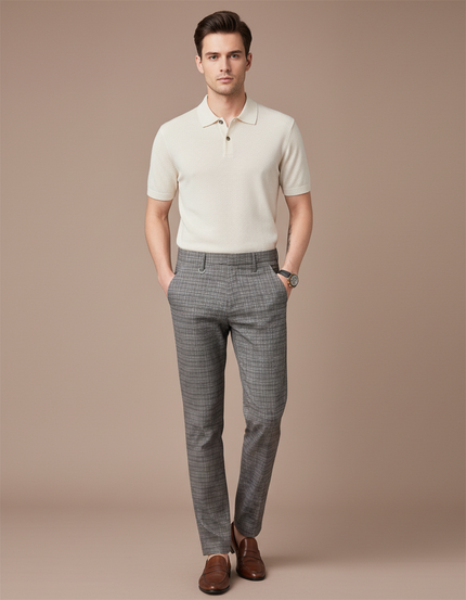 Pantalon Chino Carreaux Gris Slim Élégant Formel - Laine