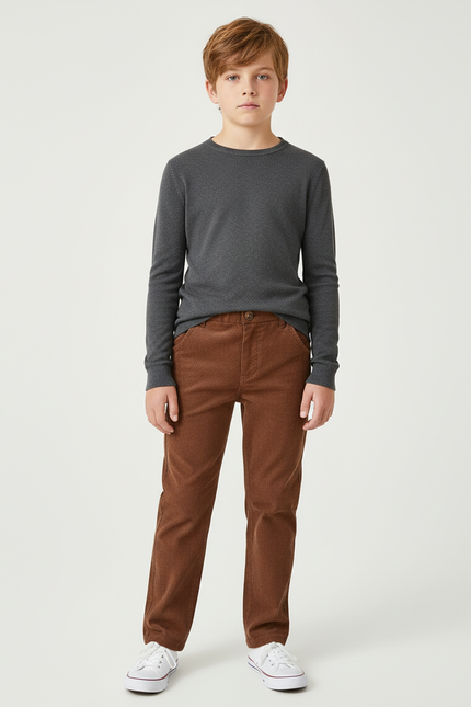Pantalon Chino Marron Côtelé Droit Décontracté Garçon - Cordé