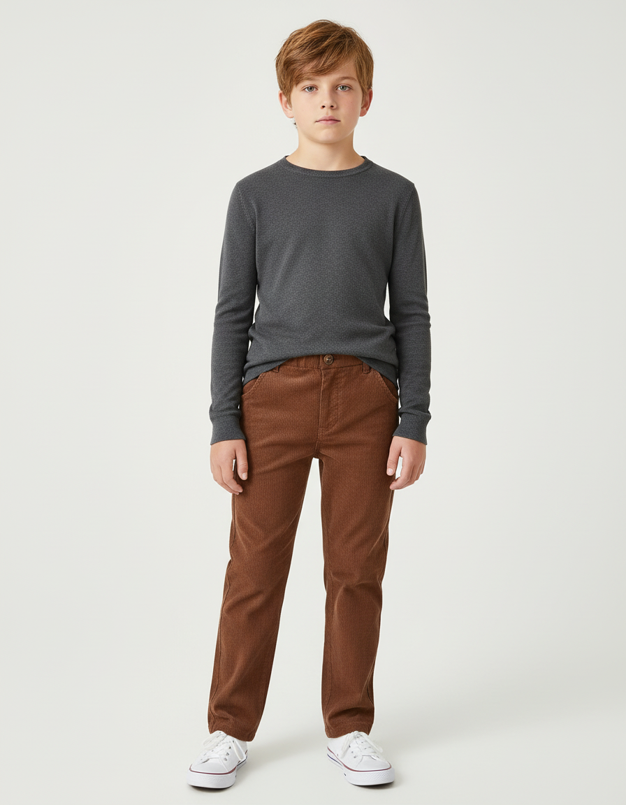 Pantalon Chino Marron Côtelé Droit Décontracté Garçon - Cordé