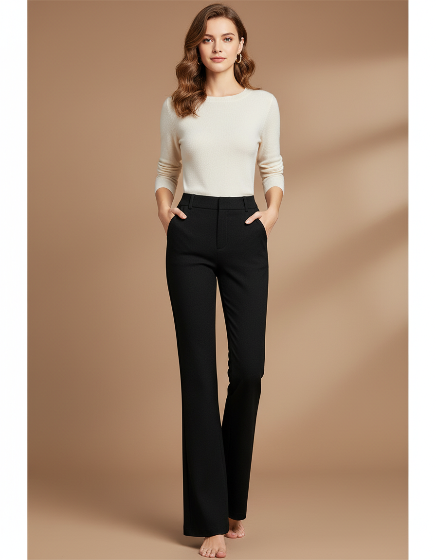 Pantalon Chino Noir Élastique Coupe Droite Élégant Femme - Polyester