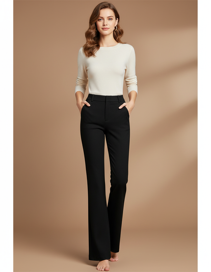 Pantalon Chino Noir Élastique Coupe Droite Élégant Femme - Polyester