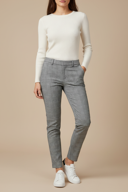 Pantalon Chino Carreaux Gris Slim Élégant Femme - Polyester