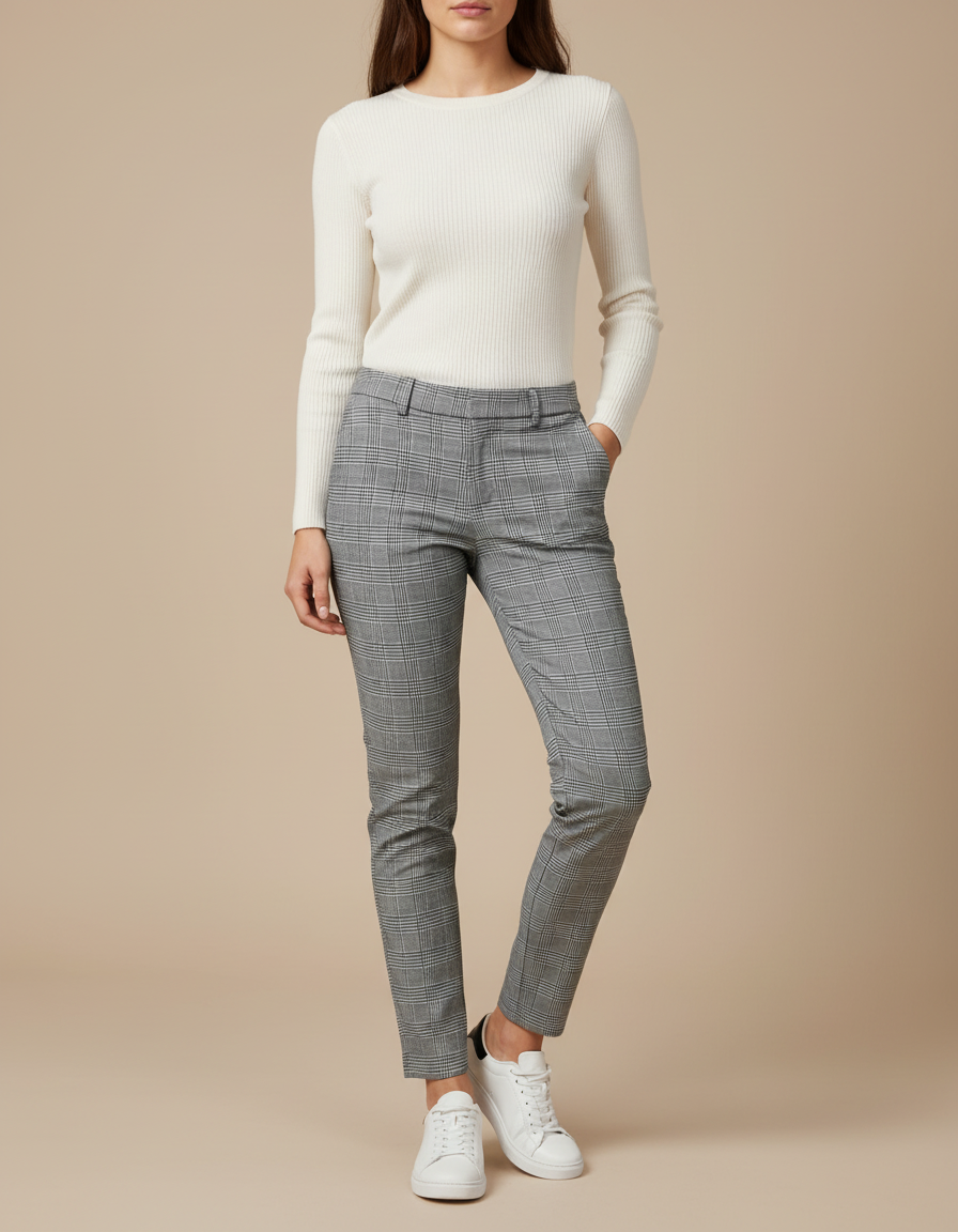 Pantalon Chino Carreaux Gris Slim Élégant Femme - Polyester