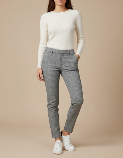 Pantalon Chino Carreaux Gris Slim Élégant Femme - Polyester