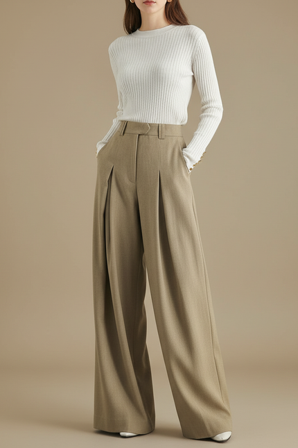 Pantalon Chino Beige Plissé Ample Élégant Femme - Kaki Laine