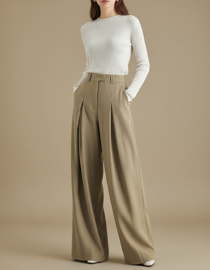 Pantalon Chino Beige Plissé Ample Élégant Femme - Kaki Laine