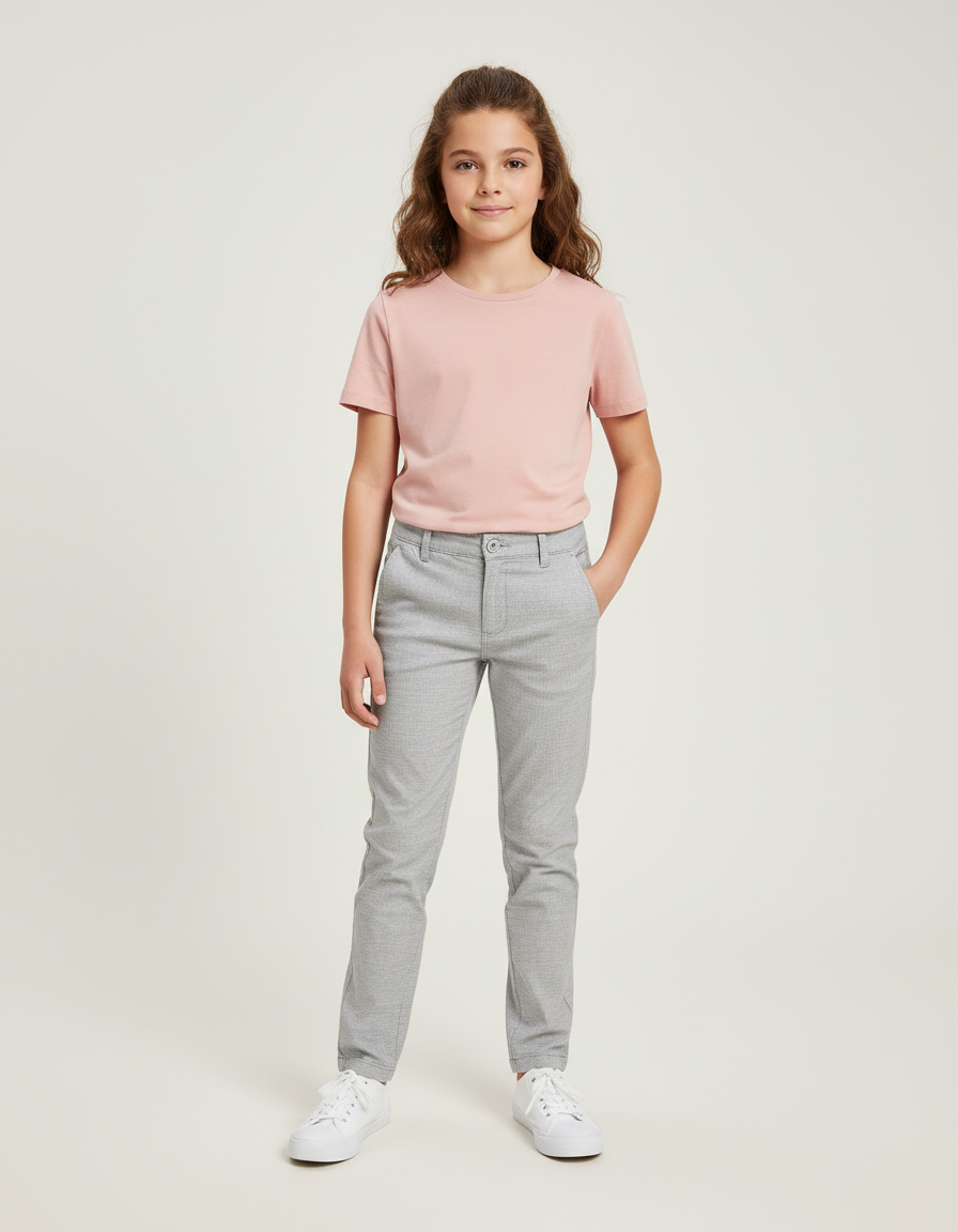 Pantalon Chino Gris Coton Ajusté Fille Décontracté