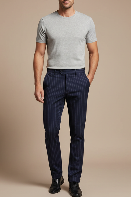 Pantalon Chino Bleu Marine Rayé Slim Élégant Homme - Laine