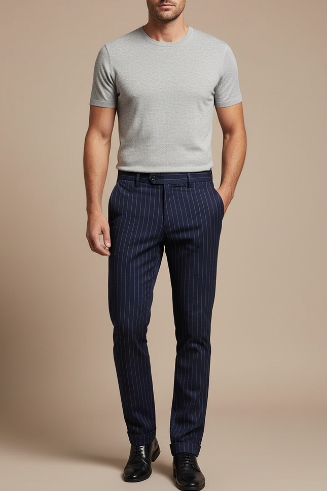 Pantalon Chino Bleu Marine Rayé Slim Élégant Homme - Laine