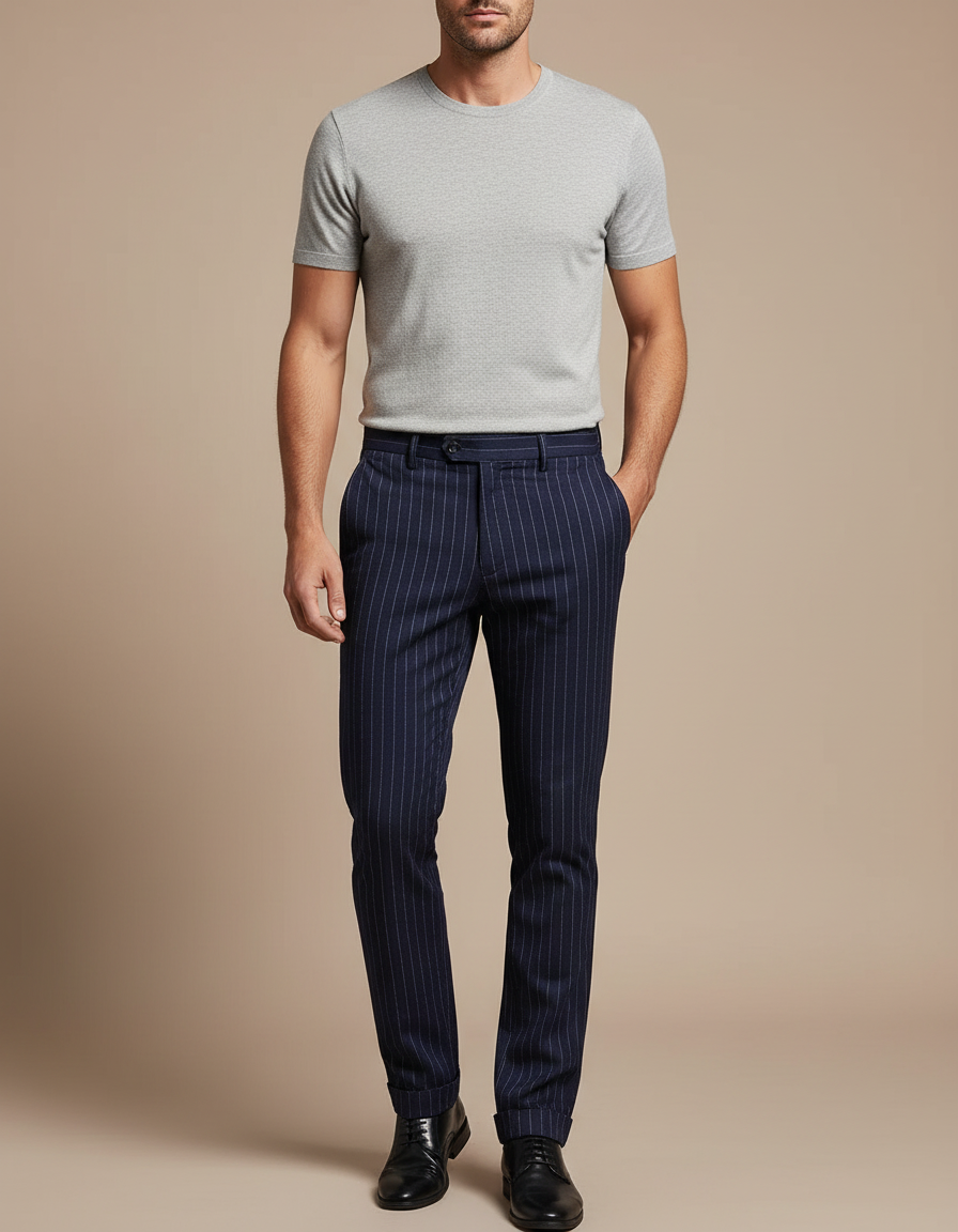 Pantalon Chino Bleu Marine Rayé Slim Élégant Homme - Laine