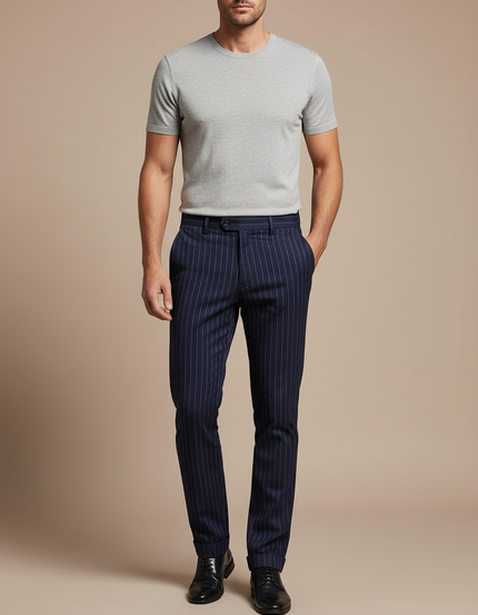 Pantalon Chino Bleu Marine Rayé Slim Élégant Homme - Laine