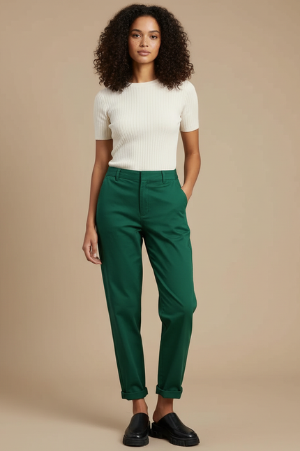 Pantalon Chino Vert Ample Décontracté Femme Coton
