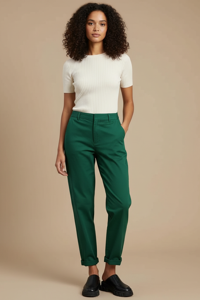 Pantalon Chino Vert Ample Décontracté Femme Coton