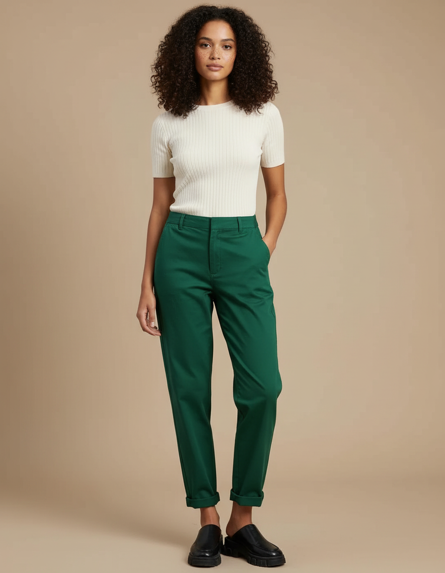 Pantalon Chino Vert Ample Décontracté Femme Coton