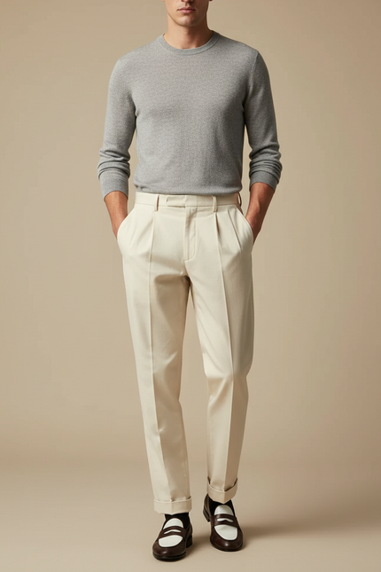 Pantalon Chino Crème Plissé Droit Élégant Homme - Beige Gabardine