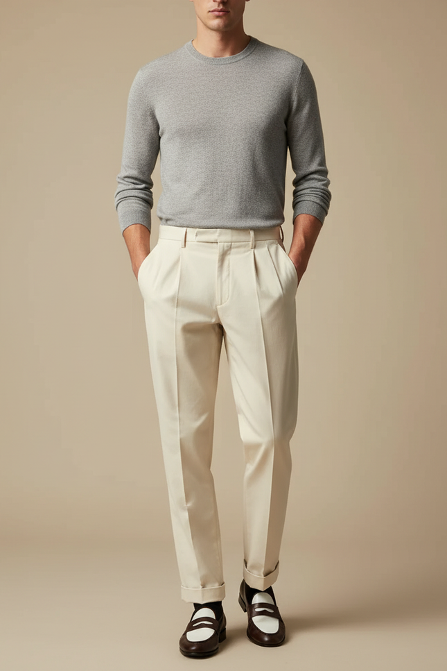 Pantalon Chino Crème Plissé Droit Élégant Homme - Beige Gabardine