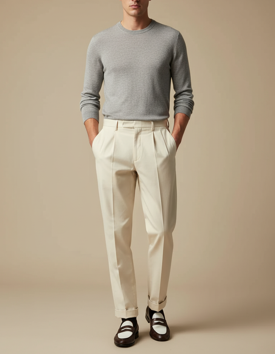 Pantalon Chino Crème Plissé Droit Élégant Homme - Beige Gabardine