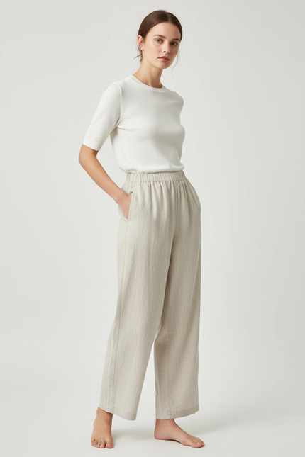 Pantalon Chino Lin Beige Ample Taille Haute Fluide