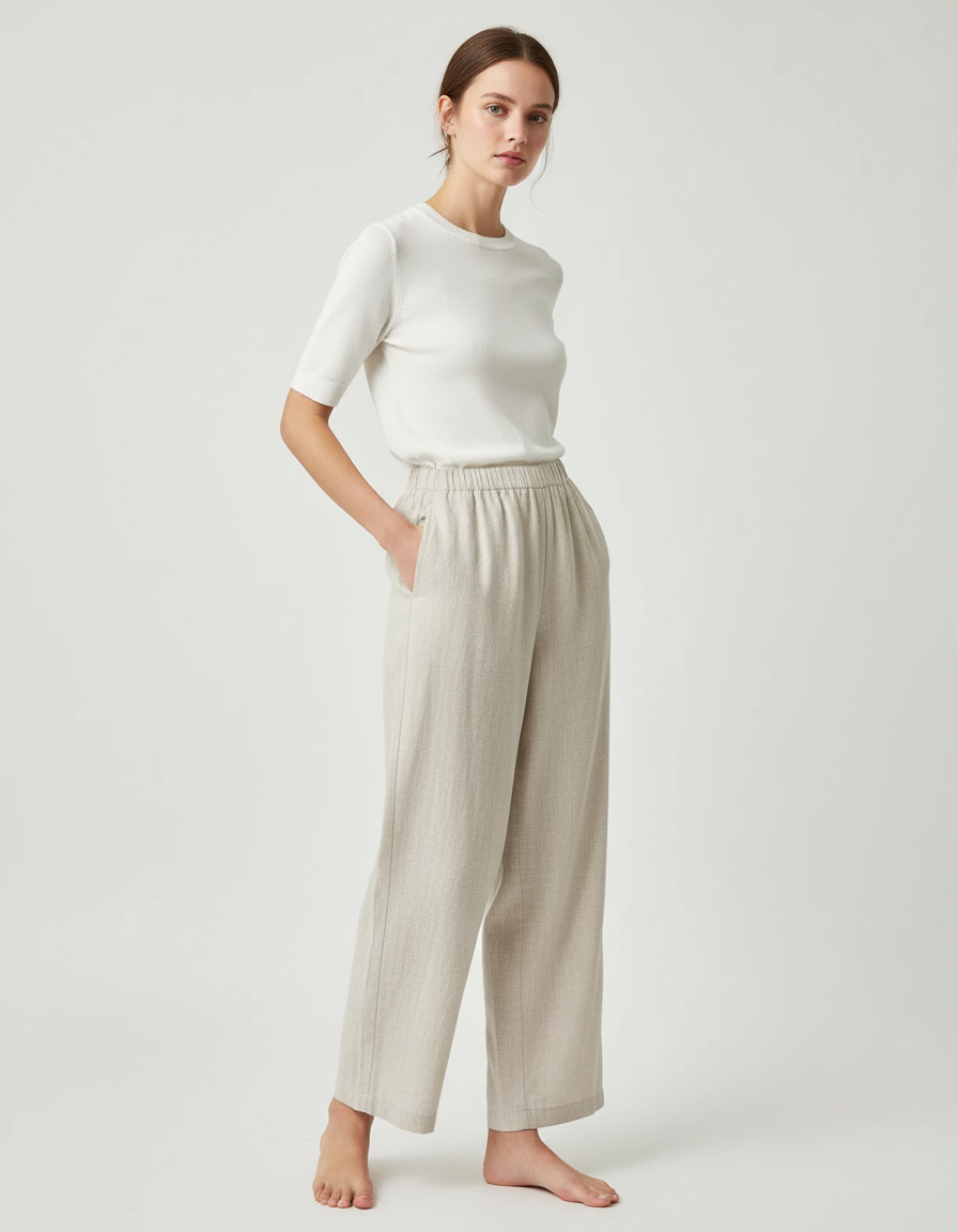 Pantalon Chino Lin Beige Ample Taille Haute Fluide