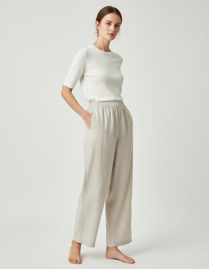 Pantalon Chino Lin Beige Ample Taille Haute Fluide