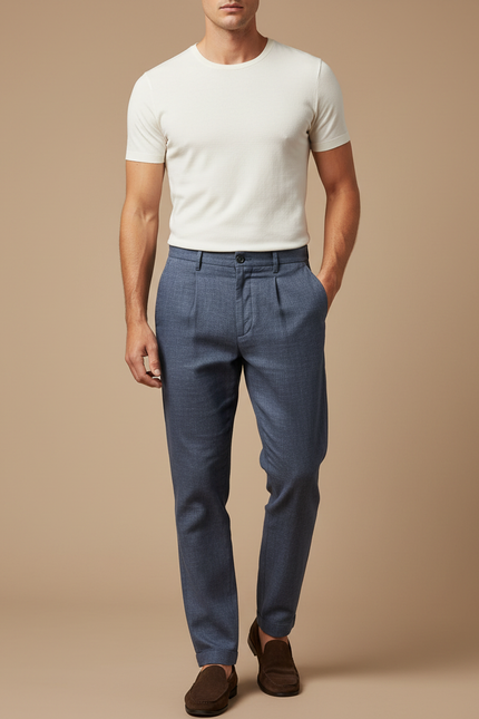 Pantalon Chino Bleu Marine Plissé Décontracté Homme - Laine