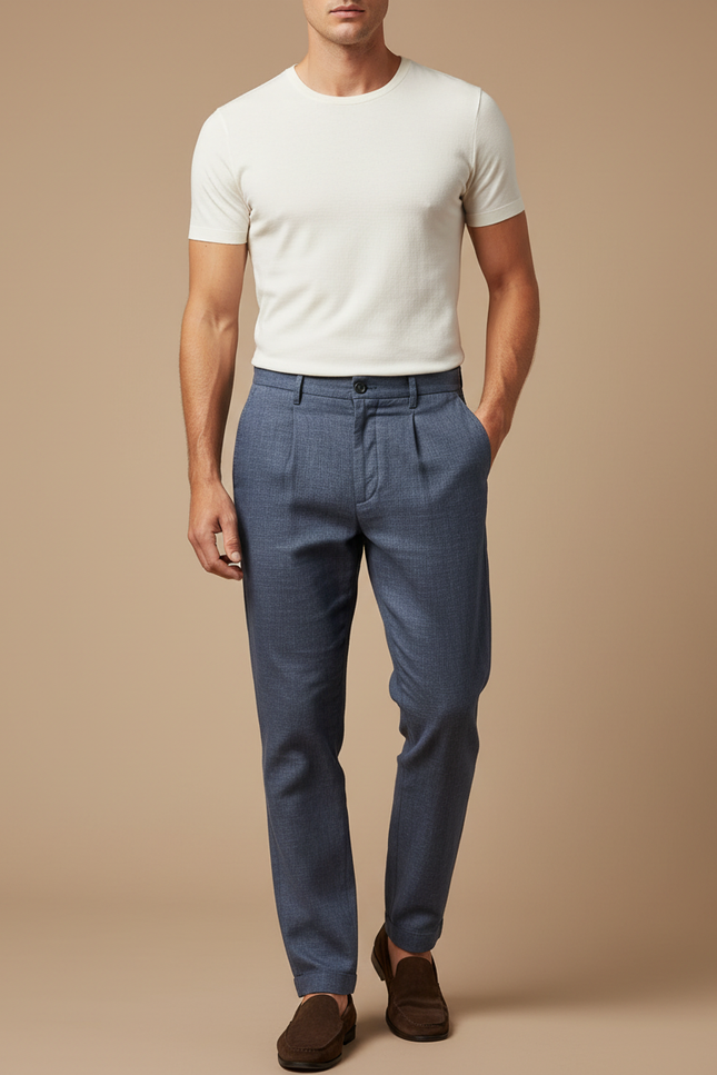 Pantalon Chino Bleu Marine Plissé Décontracté Homme - Laine