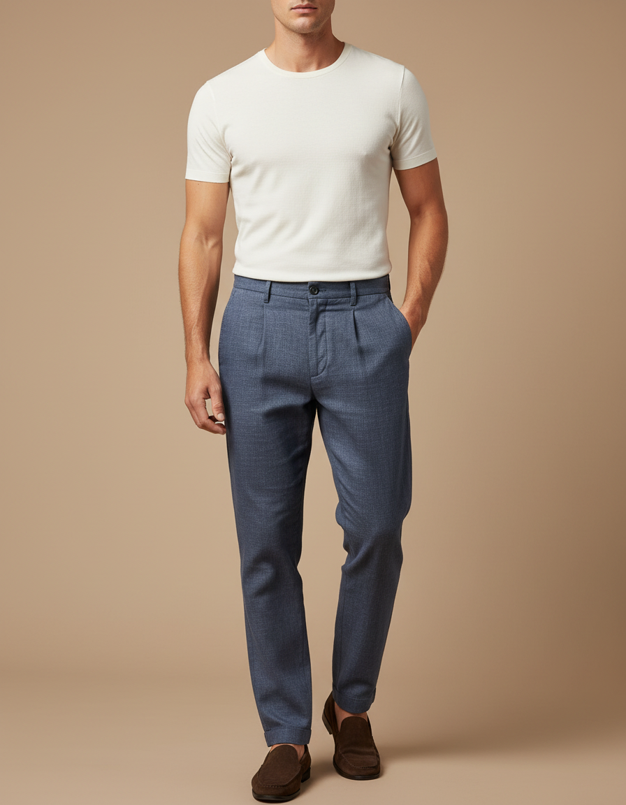 Pantalon Chino Bleu Marine Plissé Décontracté Homme - Laine