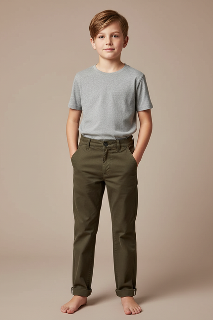 Pantalon Chino Vert Olive Coton Droit Décontracté Enfant - Kaki
