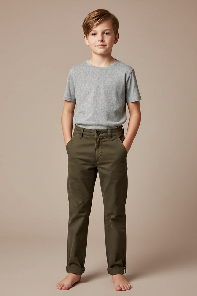 Pantalon Chino Vert Olive Coton Droit Décontracté Enfant - Kaki
