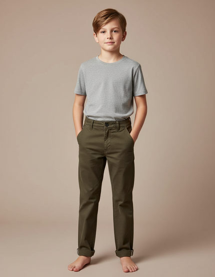 Pantalon Chino Vert Olive Coton Droit Décontracté Enfant - Kaki