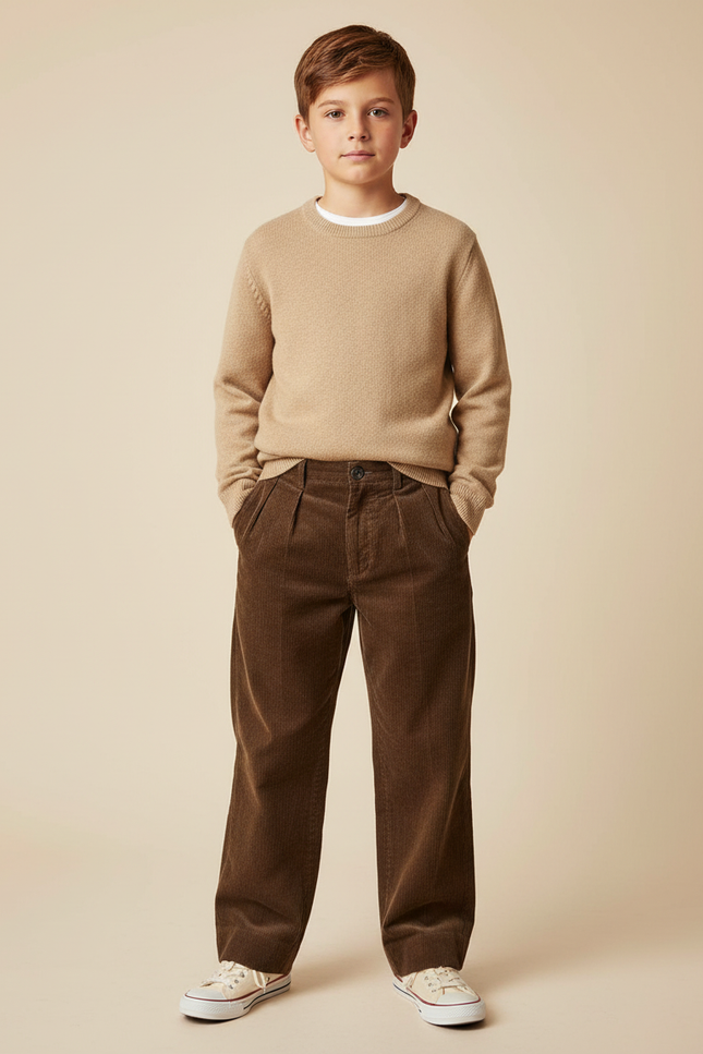 Pantalon Chino Marron Côtelé Plissé Ample Enfant - Cordé