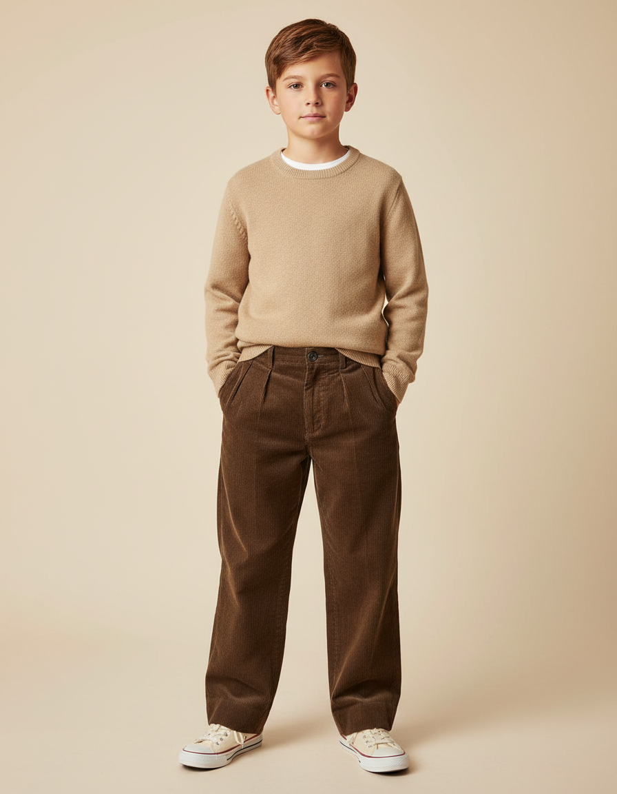 Pantalon Chino Marron Côtelé Plissé Ample Enfant - Cordé